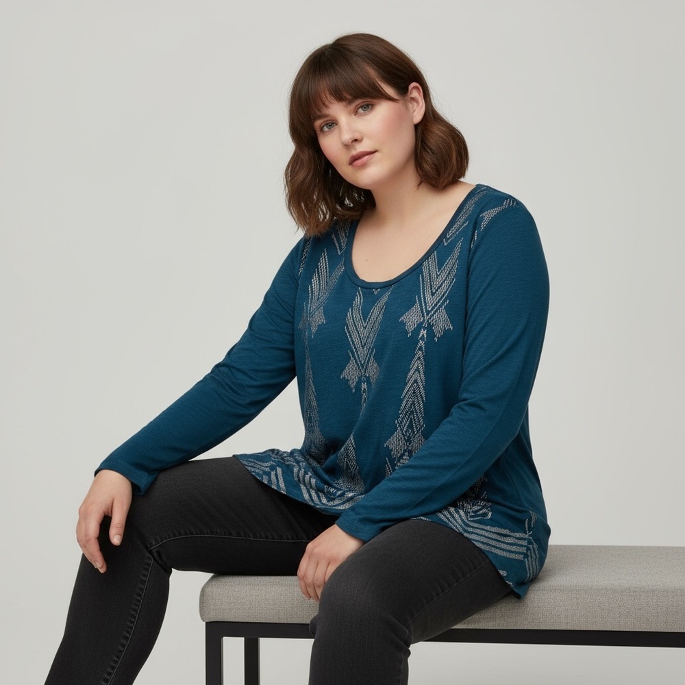 Addition Elle Dark Turquoise Silver Metallic Graphic Long Sleeve Top Size 3X